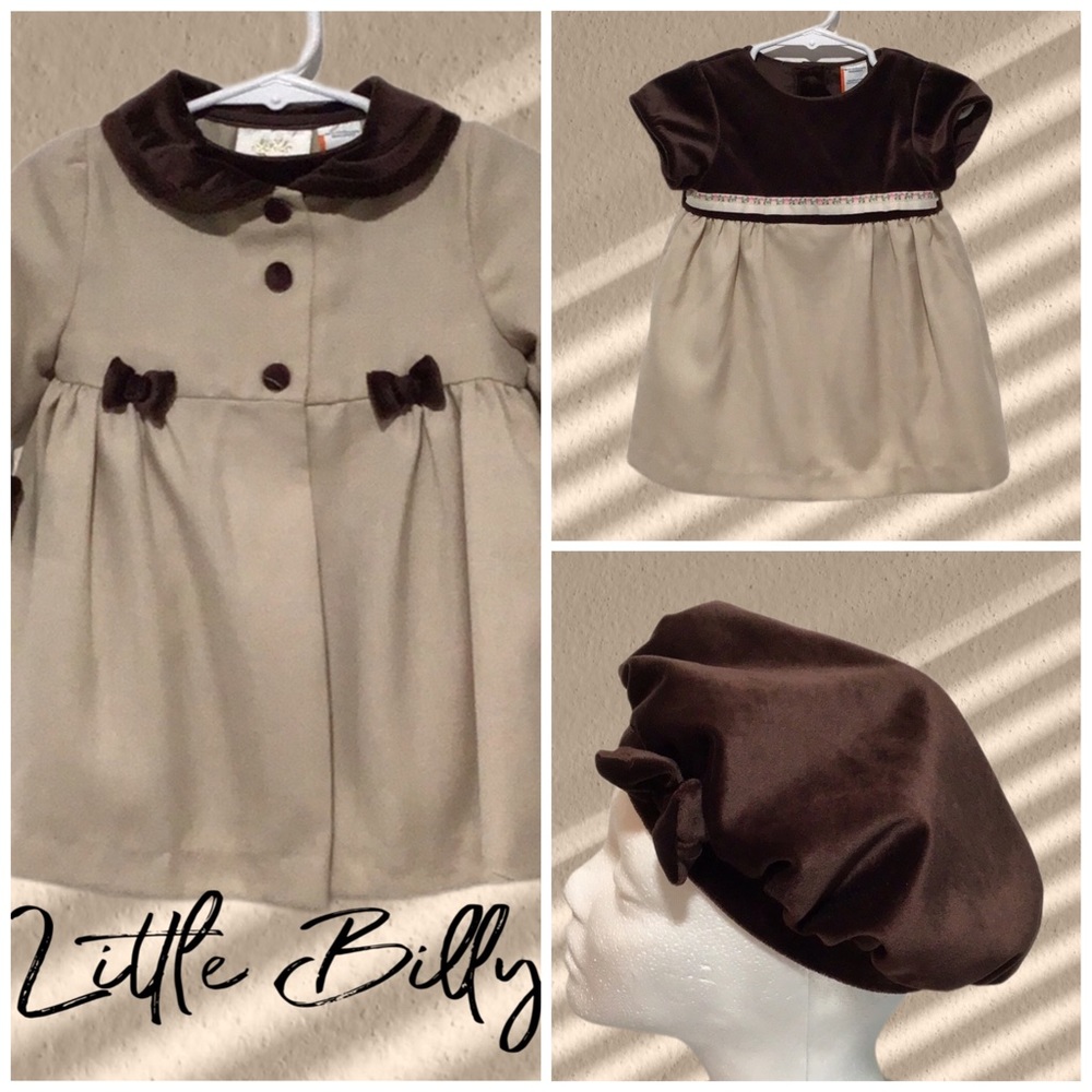 NEW Little Billy 3-Piece Set of a Coat, Dress, and Hat, Tan and Brown, 12 Months